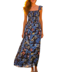 On the Road Casual Maxi Dress Floral Smocked Rayon Medium